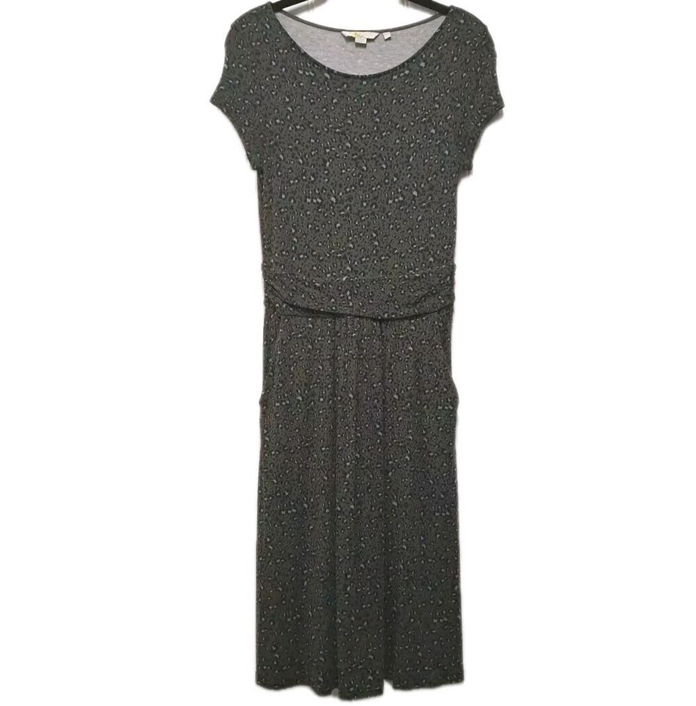 Boden Amelie Dress Womens 2 Olive Green Animal Print Ruched Waist Pockets Casual